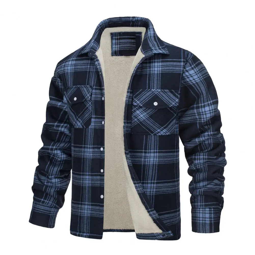 Men Plaid Jacket Soft Plush Chest Pocket Men Winter Coat shirt type Winter Outerwear Color-blocking Thickened Men Winter Jacket