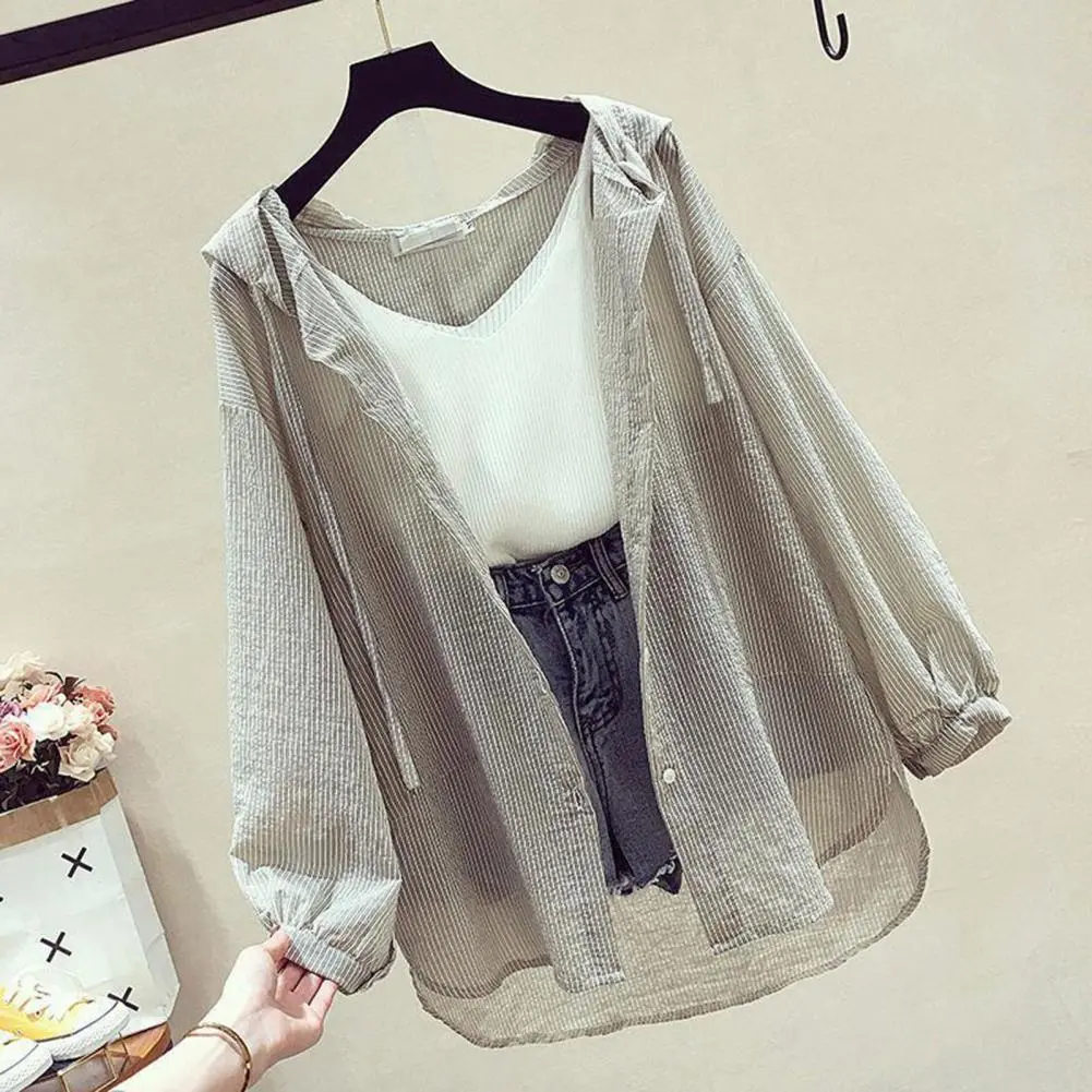 Summer Sunscreen Shirt Elegant Perspective Thin Chiffon Blouse Korean Harajuku See Through Loose Top Casual Women's Shirt
