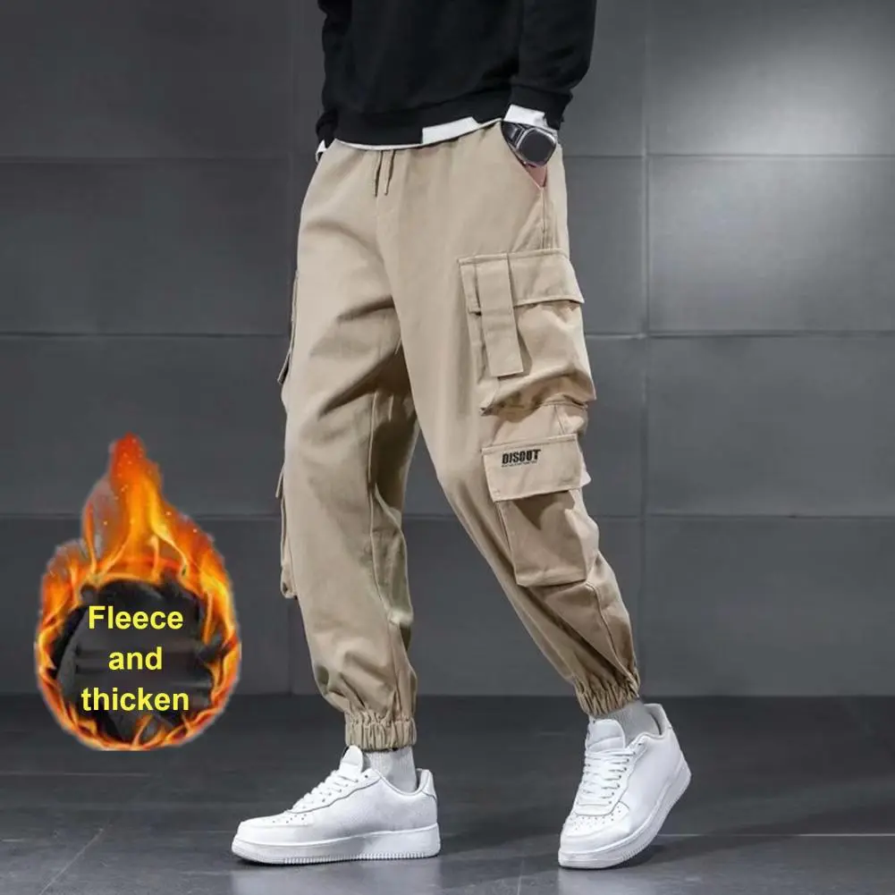Cold Weather Cargo Pants Fleece Lining Cargo Pants Thick Fleece Lining Men's Winter Cargo Pants Elastic Waist Multi Pockets