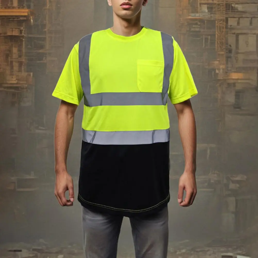 Men Casual Shirt Reflective ANSI/ISEA 107-2020 Work Tee O-Neck Short Sleeve High Visibility T-Shirt Mesh Panels Safety Shirt