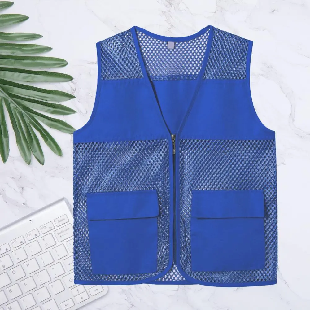 2025 Fishing Vest Unisex Waistcoat Hollow Out Zipper Placket Double Pockets V-neck Work Vest Volunteer Bright Color Waistcoat