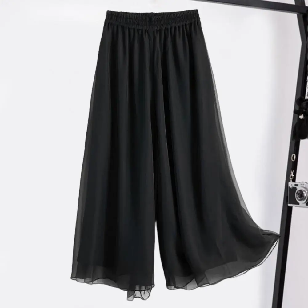 2025 Women Pants Elastic Waist Solid Color Wide Leg Pants Double Layers Loose Pleated Plus Size Lady Culottes Female Culottes