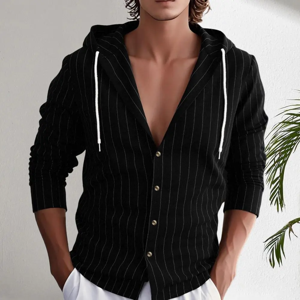Men Linen Shirt Stylish Men Shirt 2025 Striped Hooded Linen Shirt Casual Long Sleeve Button Down for Fall Vacation Street Wear