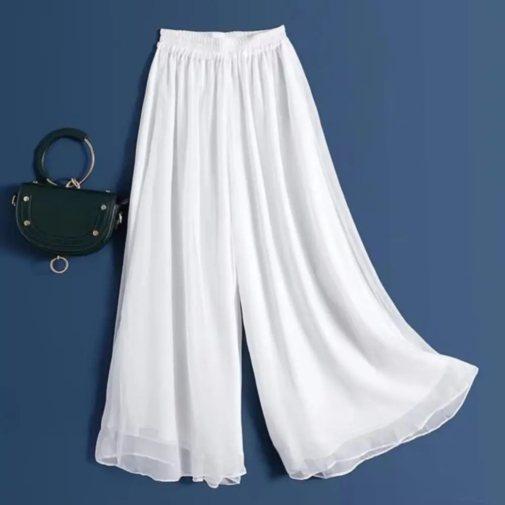 2025 Women Pants Elastic Waist Solid Color Wide Leg Pants Double Layers Loose Pleated Plus Size Lady Culottes Female Culottes