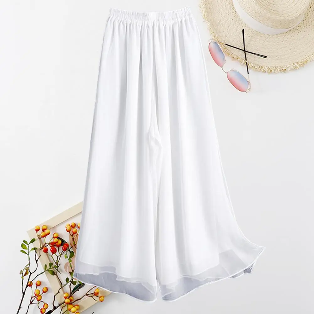 2025 Women Pants Elastic Waist Solid Color Wide Leg Pants Double Layers Loose Pleated Plus Size Lady Culottes Female Culottes
