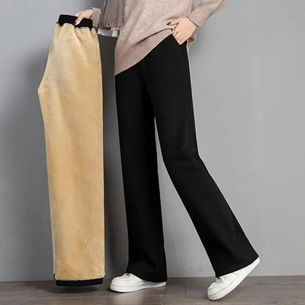 2025 Fleece Lining Pants Women Autumn Winter Long Pants Elastic High Waist Straight Wide Leg Pants Loose Plush Lined Trousers