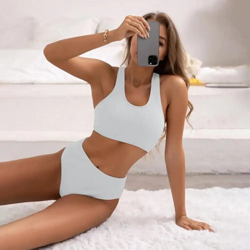 Light Bikini Set Chest Pad Bikini Stylish 2025 Women Ribbed Bikini Set High Waist Swimming Trunks Removable Padding for Summer