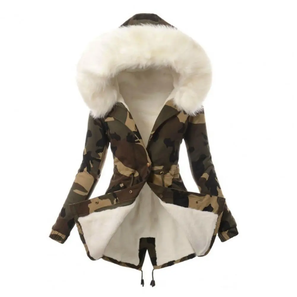 Padded Puff Jacket Winter Thicken Warm Women Parkas Waist Drawstring Plush Hooded Fleece Lined Overcoat Female Hoodie Parkas