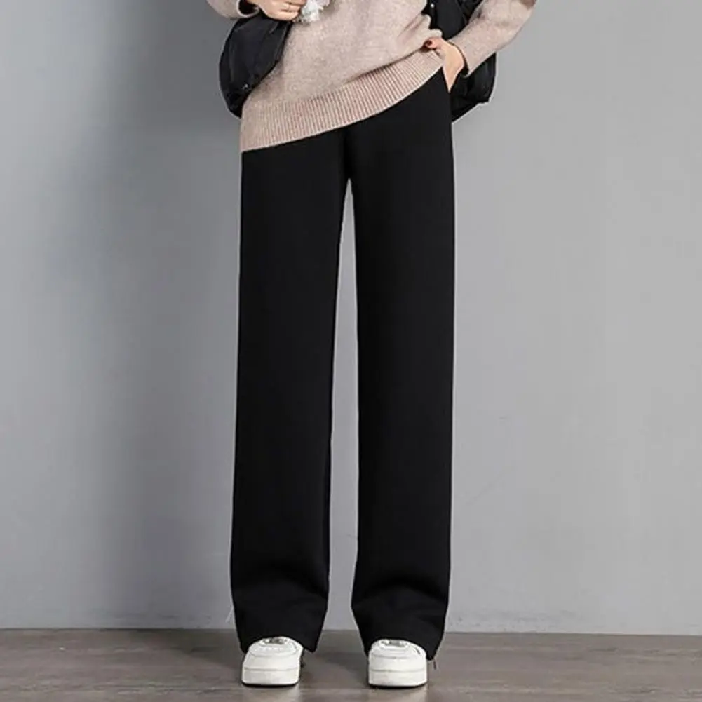 2025 Fleece Lining Pants Women Autumn Winter Long Pants Elastic High Waist Straight Wide Leg Pants Loose Plush Lined Trousers