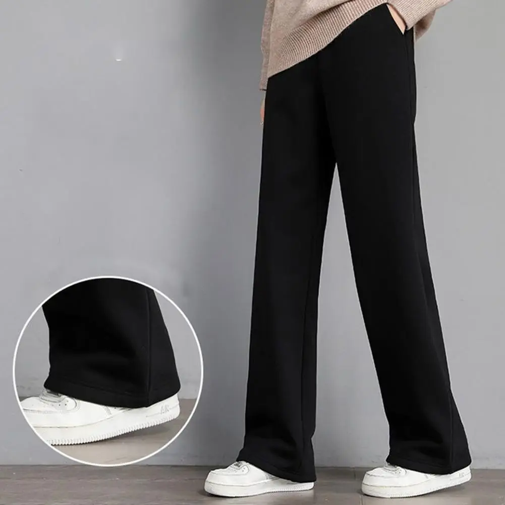 2025 Fleece Lining Pants Women Autumn Winter Long Pants Elastic High Waist Straight Wide Leg Pants Loose Plush Lined Trousers