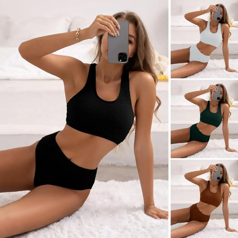 Light Bikini Set Chest Pad Bikini Stylish 2025 Women Ribbed Bikini Set High Waist Swimming Trunks Removable Padding for Summer