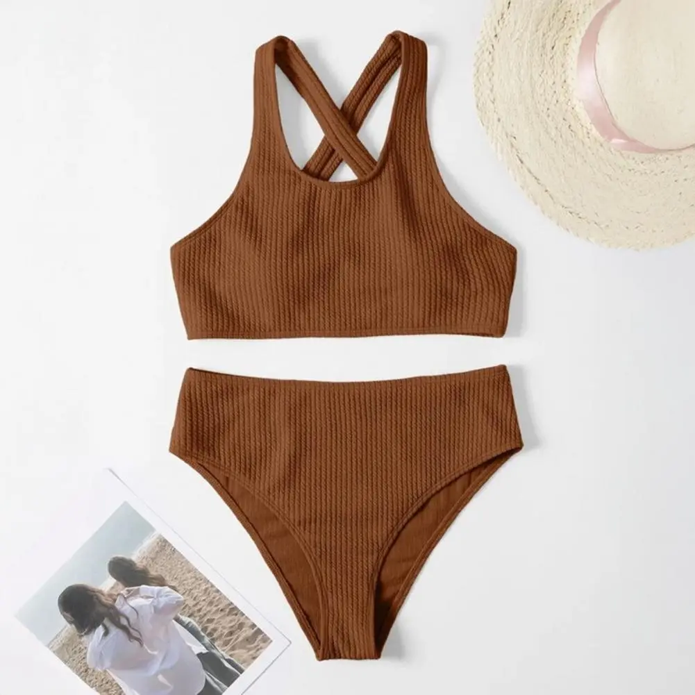Light Bikini Set Chest Pad Bikini Stylish 2025 Women Ribbed Bikini Set High Waist Swimming Trunks Removable Padding for Summer