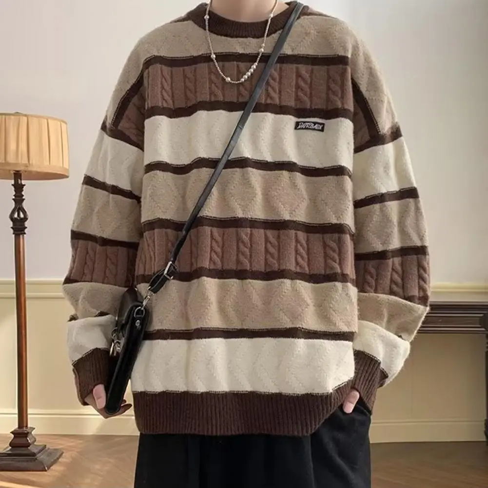 O-neck Long Sleeve Sweater Men Sweater Stylish Men's Retro Striped Sweater O-neck Long Sleeve Loose Fit Thickened for Autumn