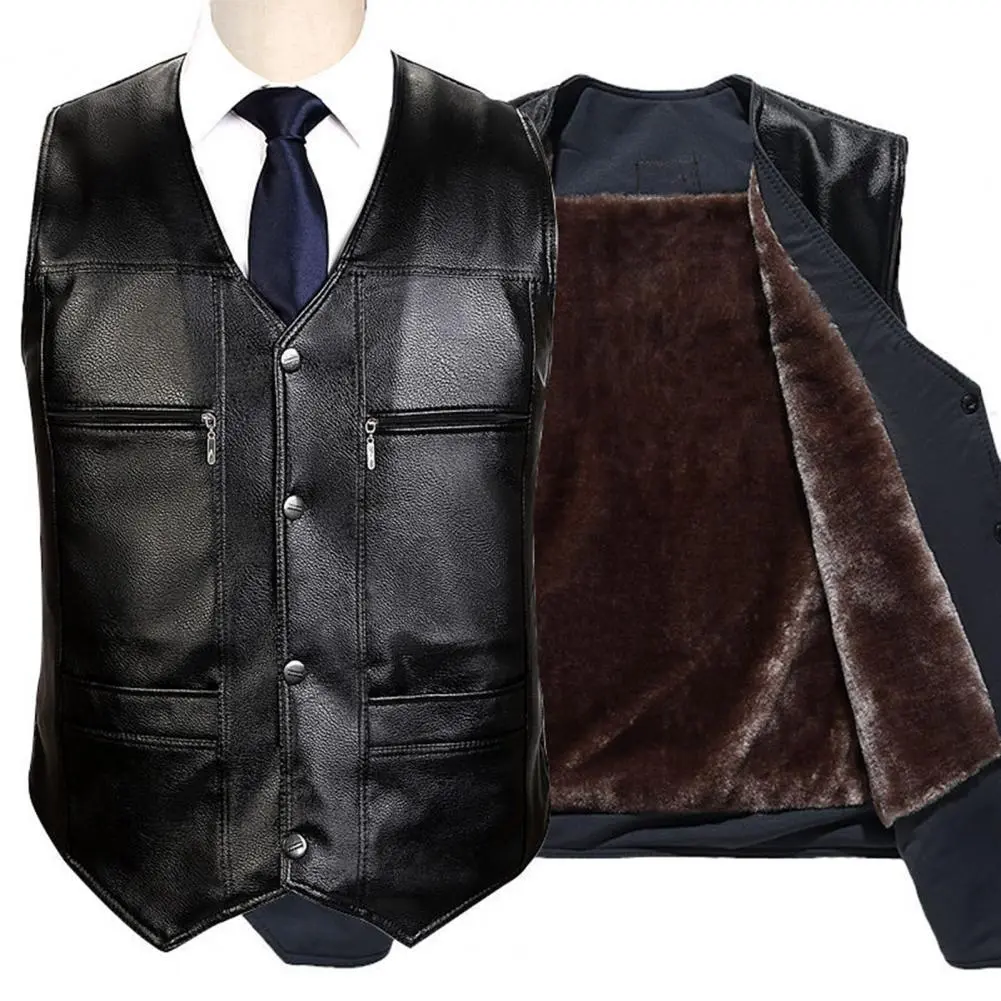 Men Sports Vest Men Faux Leather Vest Stylish Mid-aged Men's Faux Leather V Neck Vest with Plush Lining Multiple for Fall