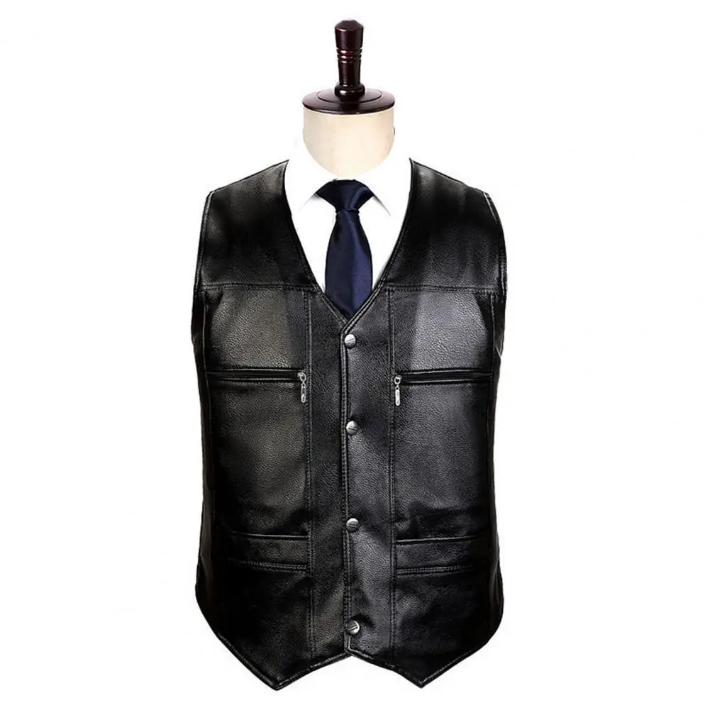 Men Sports Vest Men Faux Leather Vest Stylish Mid-aged Men's Faux Leather V Neck Vest with Plush Lining Multiple for Fall