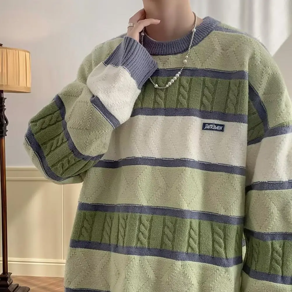 O-neck Long Sleeve Sweater Men Sweater Stylish Men's Retro Striped Sweater O-neck Long Sleeve Loose Fit Thickened for Autumn