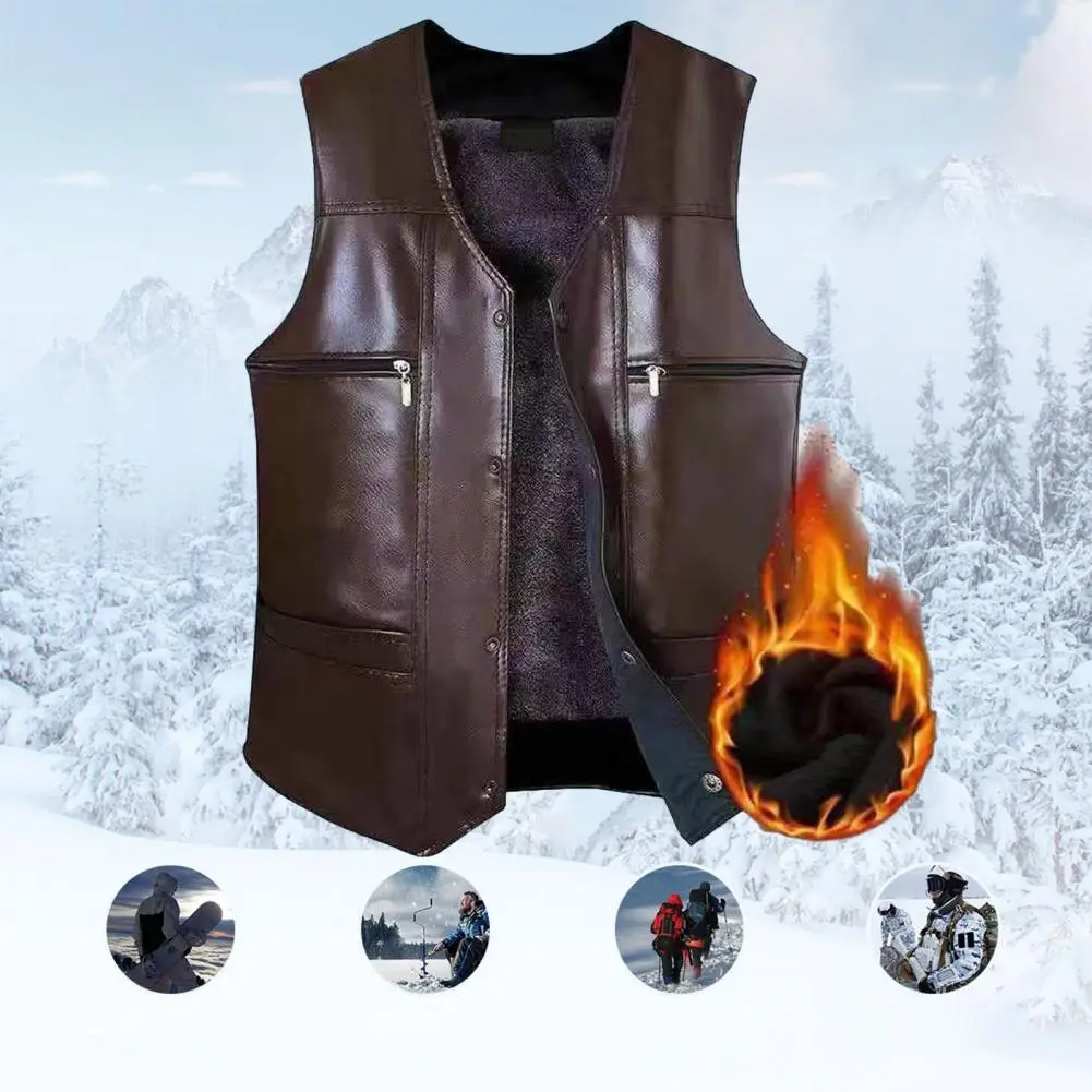 Men Sports Vest Men Faux Leather Vest Stylish Mid-aged Men's Faux Leather V Neck Vest with Plush Lining Multiple for Fall