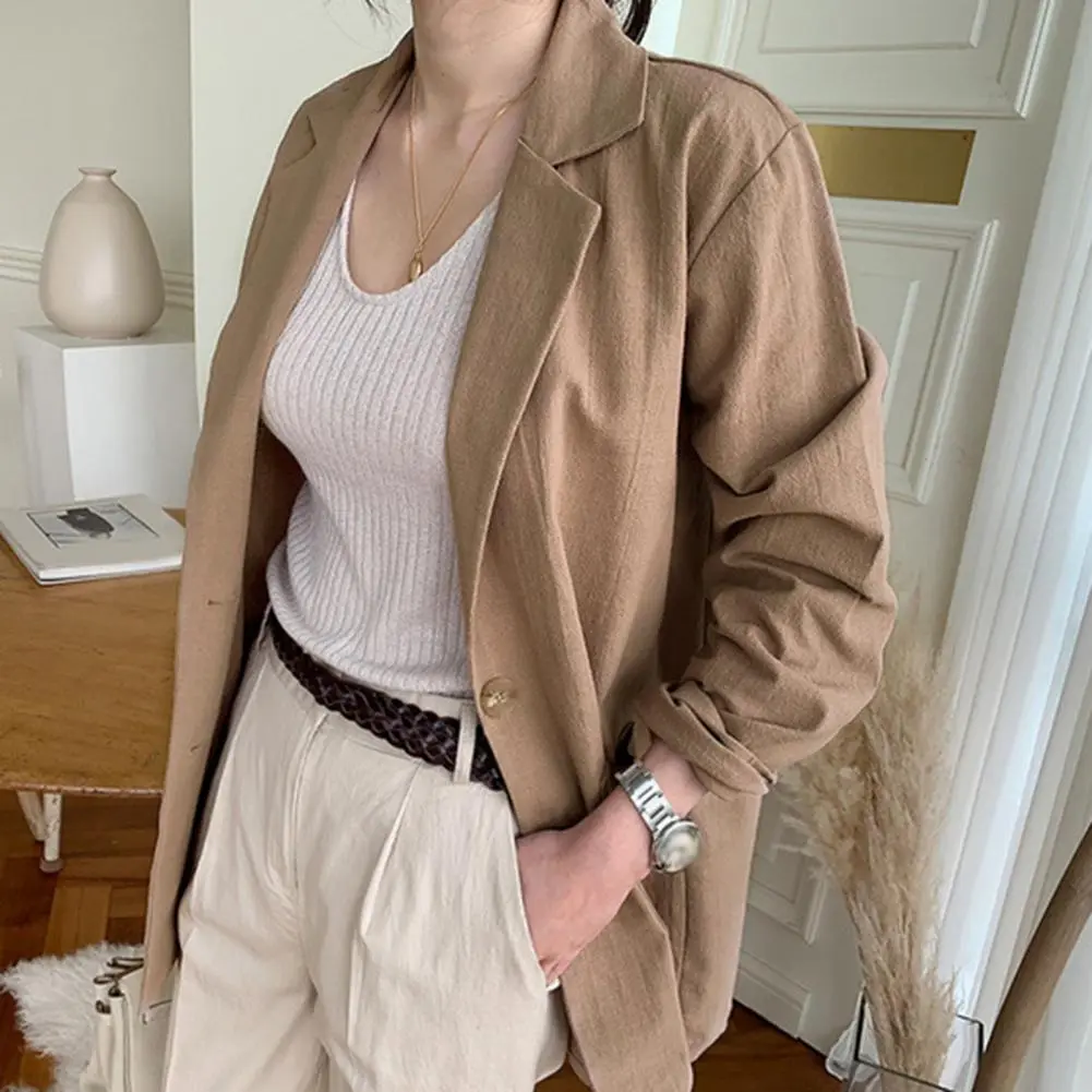 Women Jacket Lapel Casual One Button Cotton Linen Long Sleeve Suit Coat Casual OL Work Jacket Spring Summer Coat