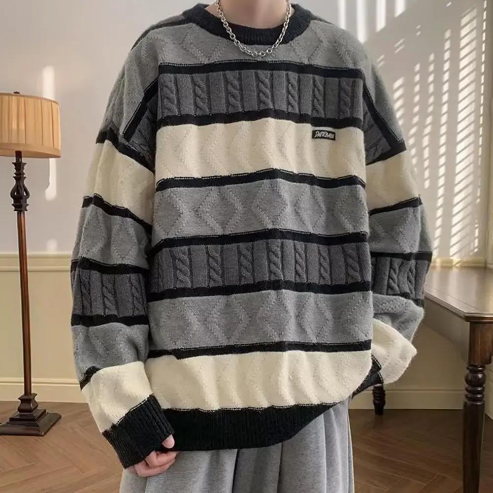 O-neck Long Sleeve Sweater Men Sweater Stylish Men's Retro Striped Sweater O-neck Long Sleeve Loose Fit Thickened for Autumn