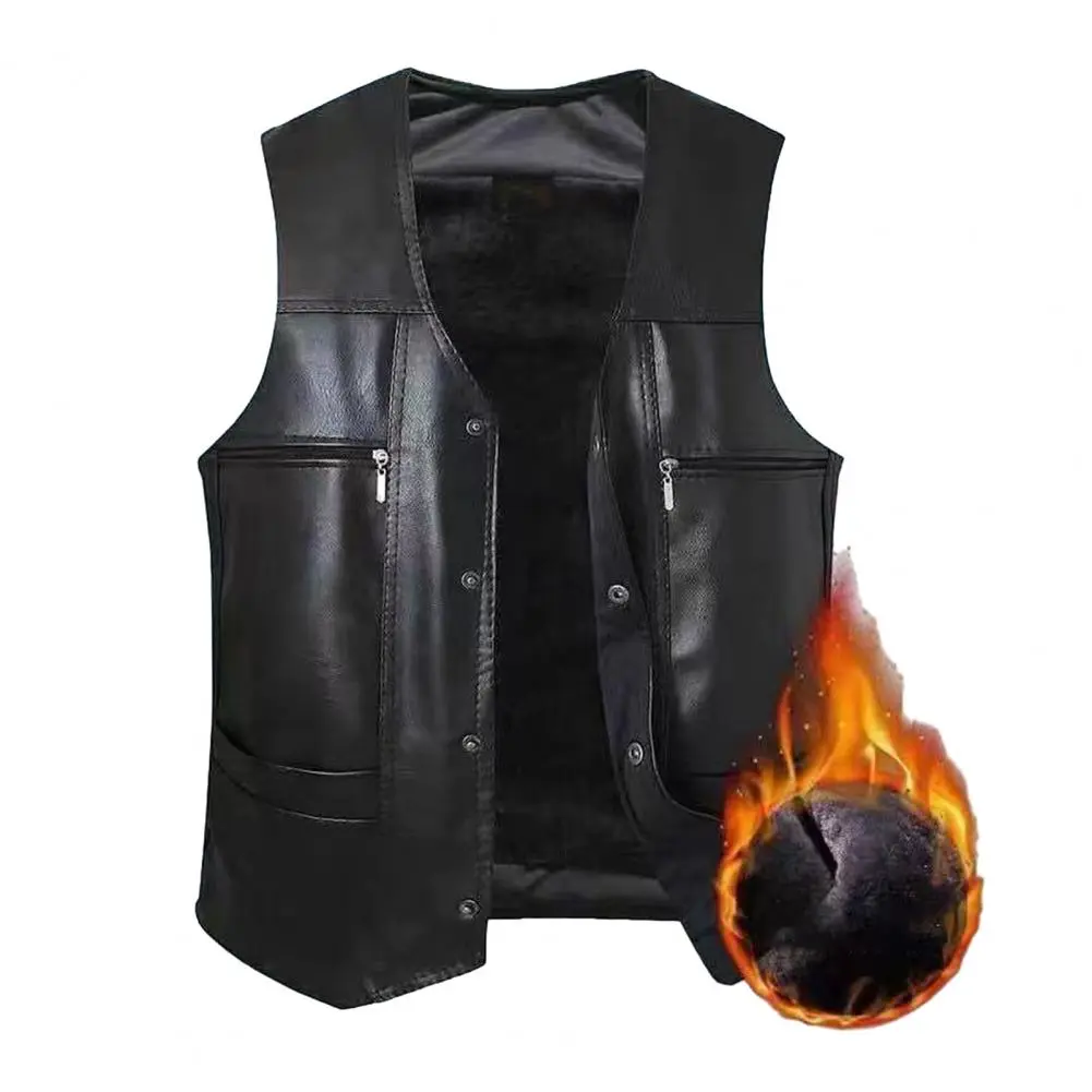 Men Sports Vest Men Faux Leather Vest Stylish Mid-aged Men's Faux Leather V Neck Vest with Plush Lining Multiple for Fall