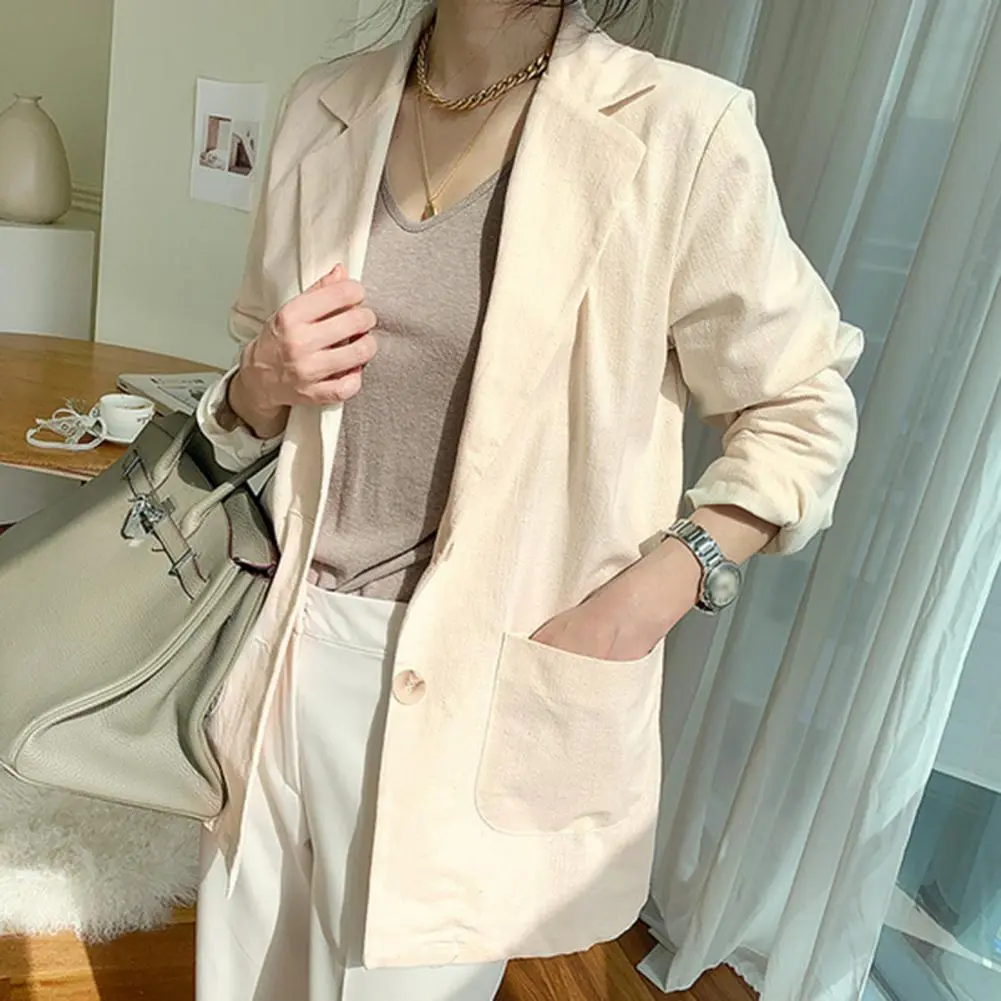Women Jacket Lapel Casual One Button Cotton Linen Long Sleeve Suit Coat Casual OL Work Jacket Spring Summer Coat