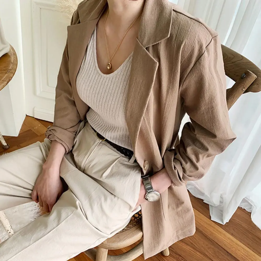 Women Jacket Lapel Casual One Button Cotton Linen Long Sleeve Suit Coat Casual OL Work Jacket Spring Summer Coat
