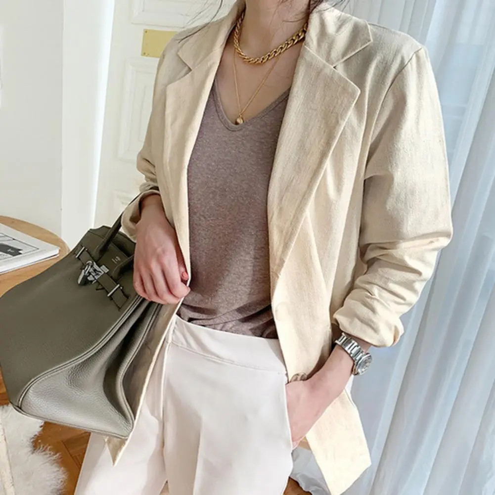 Women Jacket Lapel Casual One Button Cotton Linen Long Sleeve Suit Coat Casual OL Work Jacket Spring Summer Coat