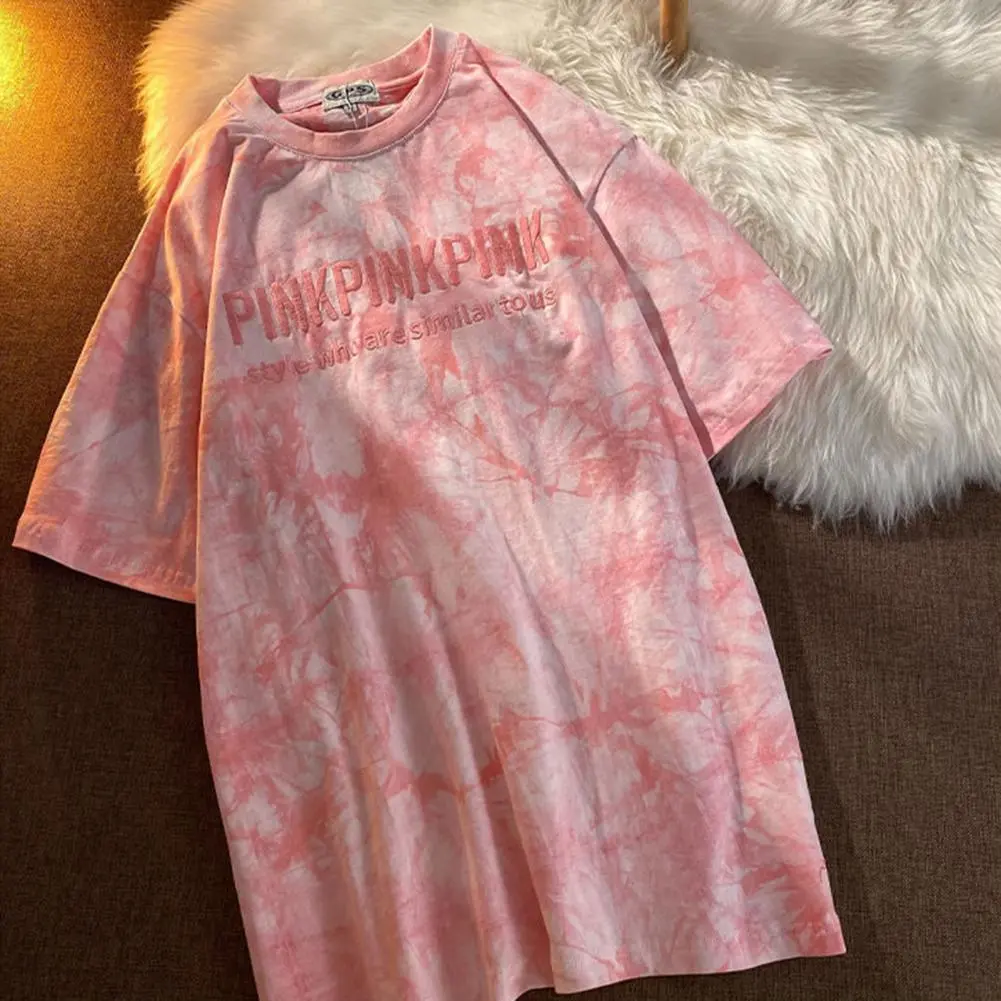 Harajuku Style Tie Dye Letters Embroidery T-shirt Letters Embroidery Short Sleeves Loose Women T-shirt 2025 Summer Fashion Blous