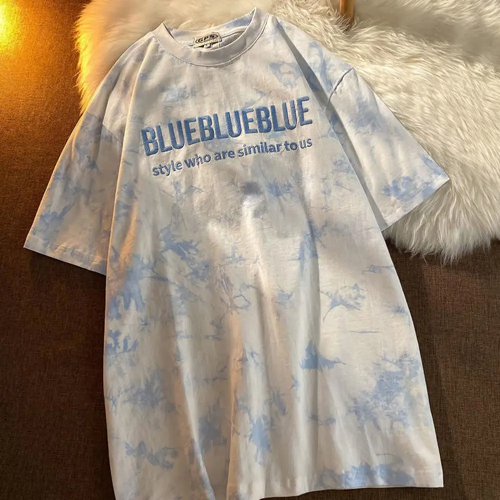 Harajuku Style Tie Dye Letters Embroidery T-shirt Letters Embroidery Short Sleeves Loose Women T-shirt 2025 Summer Fashion Blous