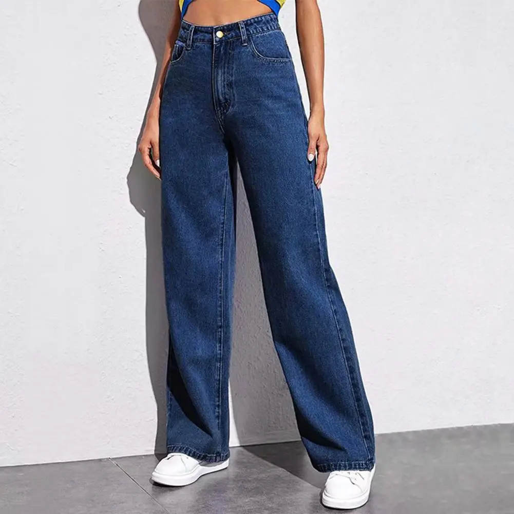 2025 Women Jeans American Style Straight Leg Pants Pockets High Waist Button Zipper Closure Denim Trousers Solid Color Jeans