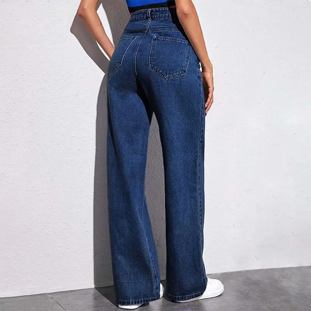 2025 Women Jeans American Style Straight Leg Pants Pockets High Waist Button Zipper Closure Denim Trousers Solid Color Jeans