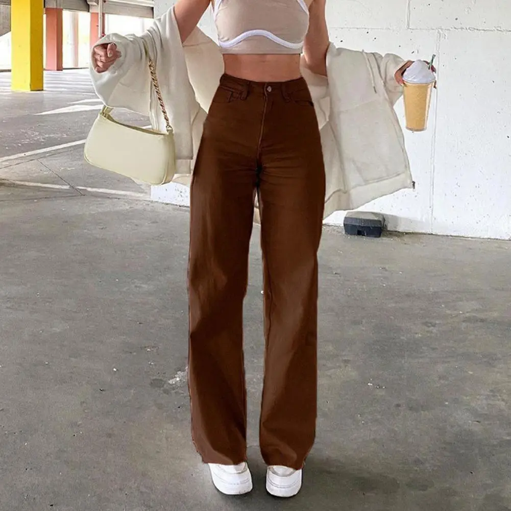 2025 Women Jeans American Style Straight Leg Pants Pockets High Waist Button Zipper Closure Denim Trousers Solid Color Jeans