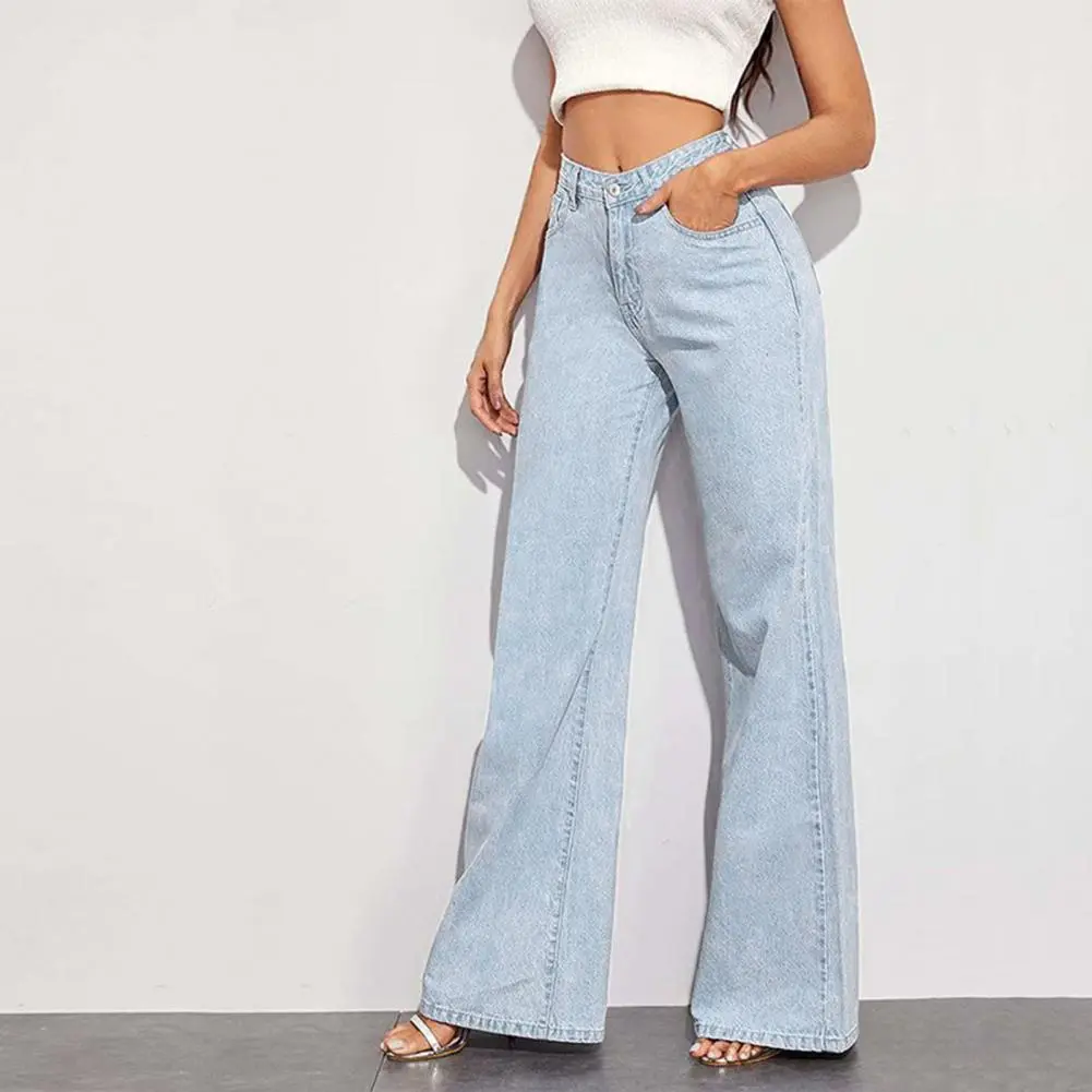 2025 Women Jeans American Style Straight Leg Pants Pockets High Waist Button Zipper Closure Denim Trousers Solid Color Jeans