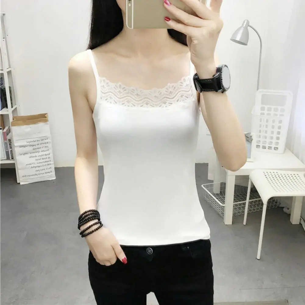 2025 Women Top Spaghetti Strap Lace Solid Color Square Neck Sleeveless Match Pants Soft Pullover Summer Camisole Women Clothes