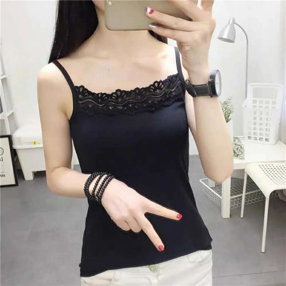 2025 Women Top Spaghetti Strap Lace Solid Color Square Neck Sleeveless Match Pants Soft Pullover Summer Camisole Women Clothes