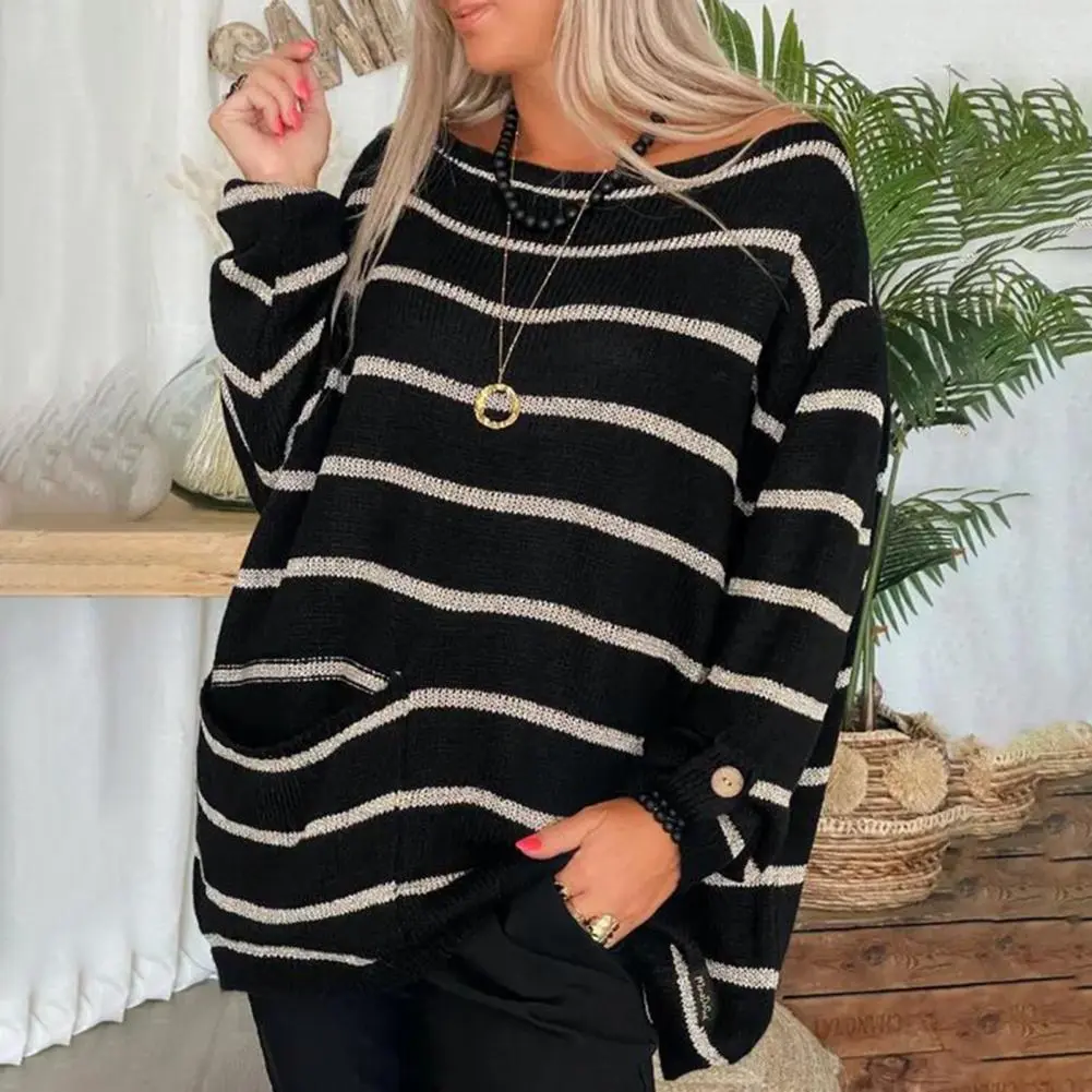 Women Women Striped O-Neck Long Sleeve Pocket Loose Pullover Oversized O-neck Long Sleeve Striped Knitting Jumper Casual Hoodies