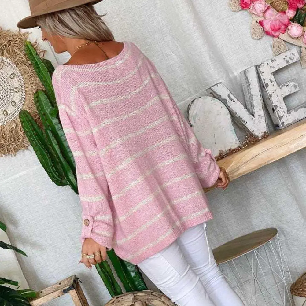 Women Women Striped O-Neck Long Sleeve Pocket Loose Pullover Oversized O-neck Long Sleeve Striped Knitting Jumper Casual Hoodies