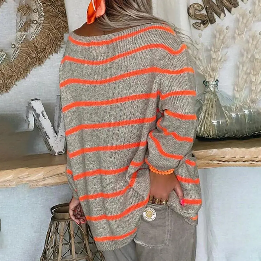 Women Women Striped O-Neck Long Sleeve Pocket Loose Pullover Oversized O-neck Long Sleeve Striped Knitting Jumper Casual Hoodies