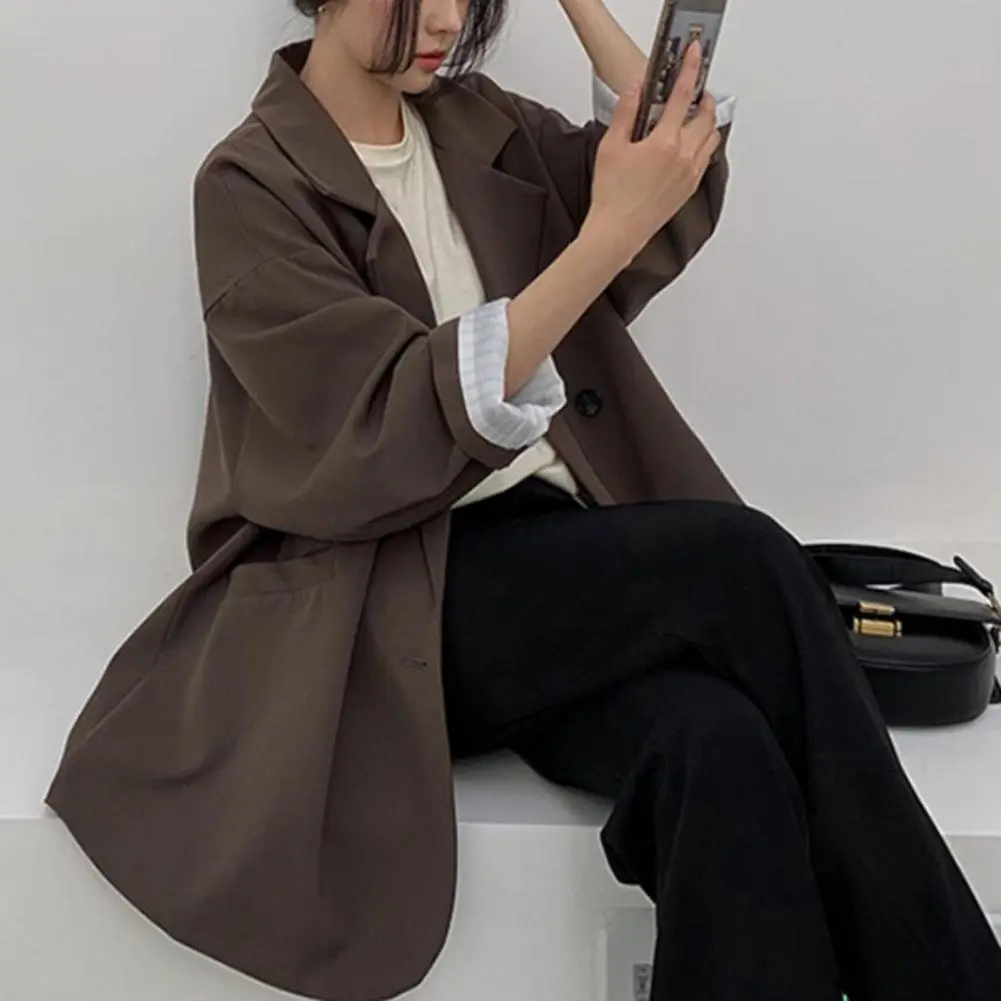 Notched Collar Business Suit Coat Korean Long Sleeves Pockets Double breasted Oversized Women Jackets Suit Coat
