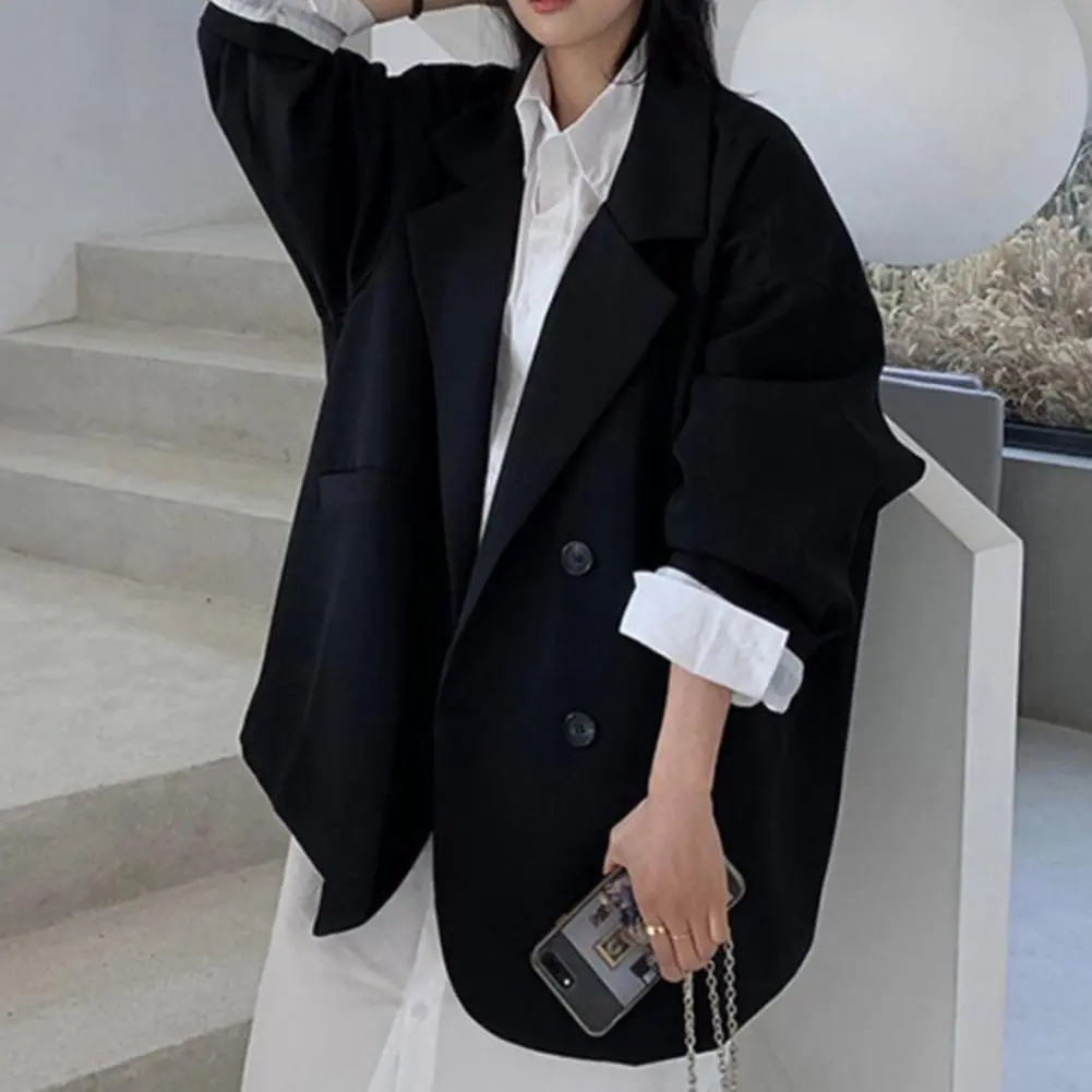 Notched Collar Business Suit Coat Korean Long Sleeves Pockets Double breasted Oversized Women Jackets Suit Coat