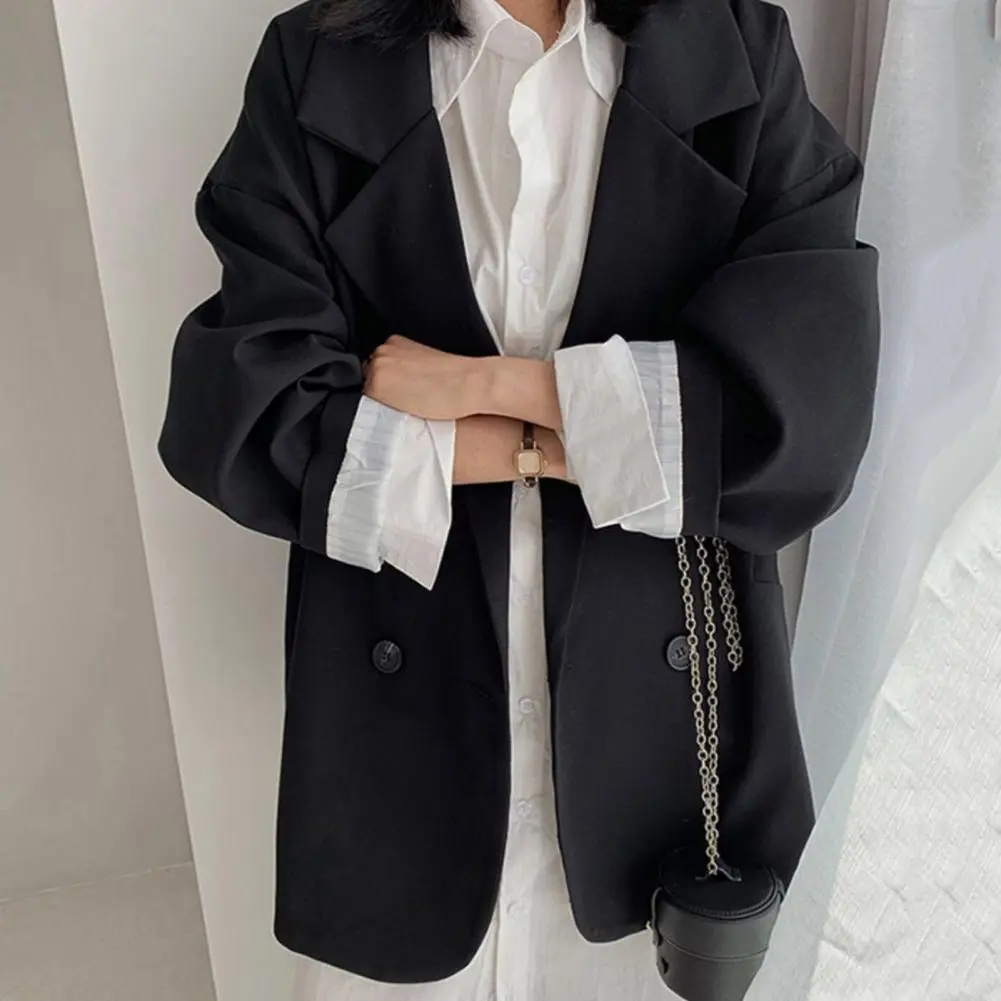 Notched Collar Business Suit Coat Korean Long Sleeves Pockets Double breasted Oversized Women Jackets Suit Coat