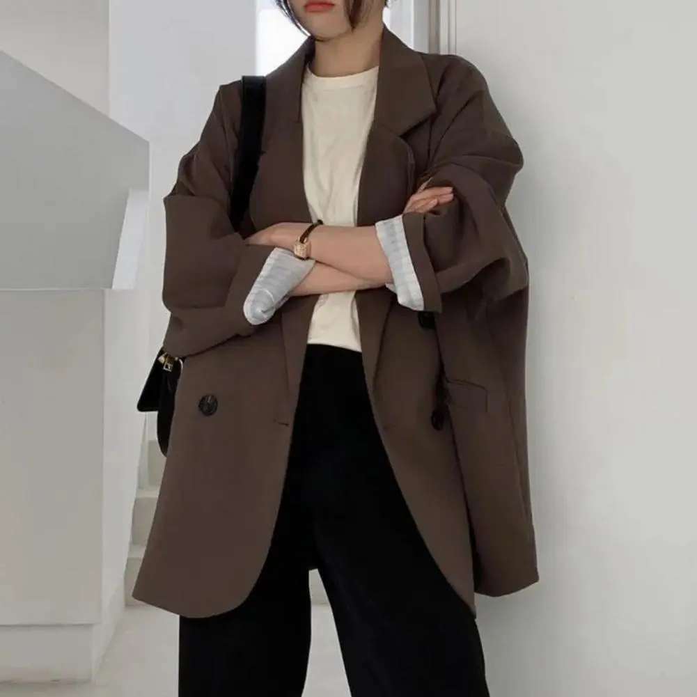 Notched Collar Business Suit Coat Korean Long Sleeves Pockets Double breasted Oversized Women Jackets Suit Coat