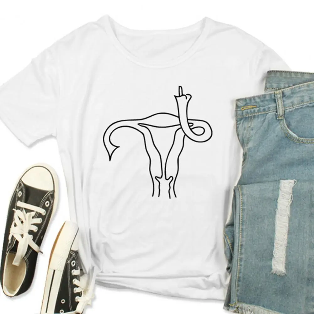 2025 Feminist Top Women T-shirt O-neck Short Sleeve Loose Funny T-shirt Uterus Middle Finger Pattern Uterus T-shirt Streetwear