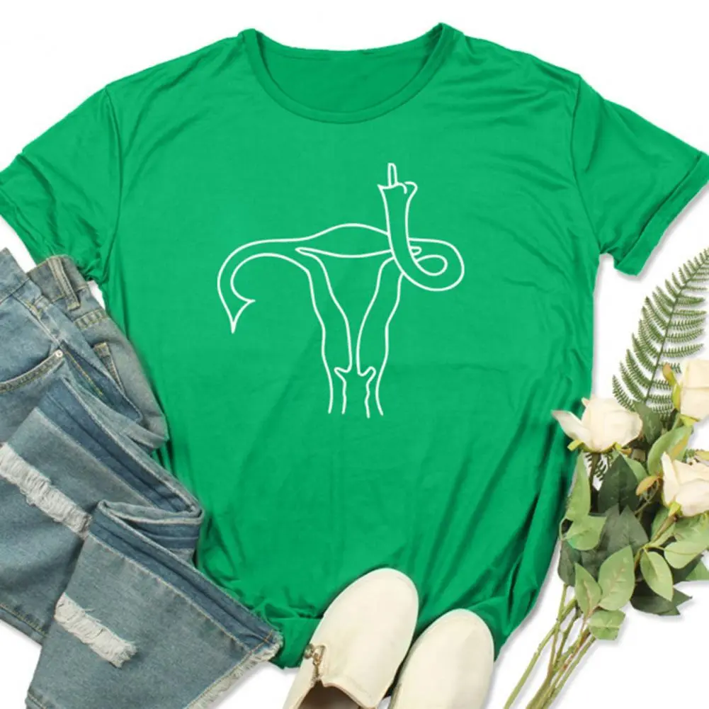2025 Feminist Top Women T-shirt O-neck Short Sleeve Loose Funny T-shirt Uterus Middle Finger Pattern Uterus T-shirt Streetwear