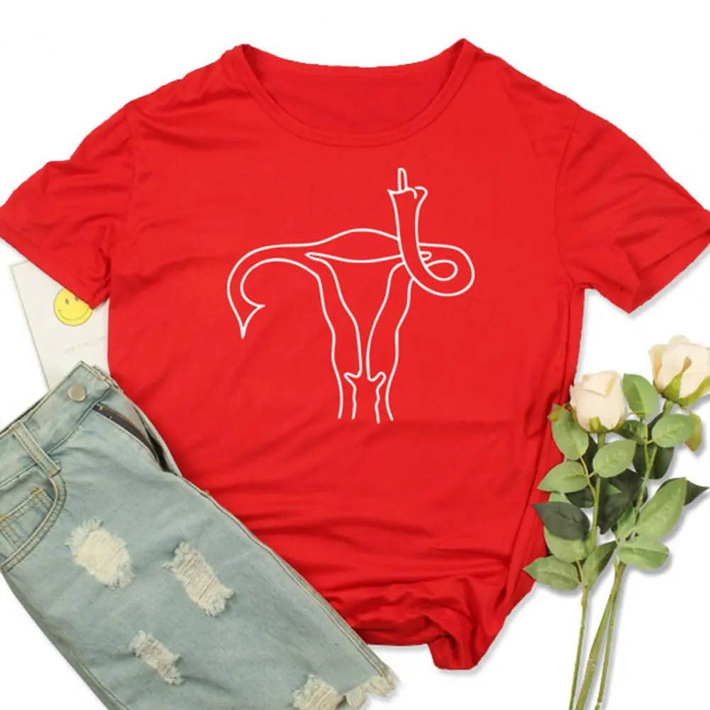 2025 Feminist Top Women T-shirt O-neck Short Sleeve Loose Funny T-shirt Uterus Middle Finger Pattern Uterus T-shirt Streetwear