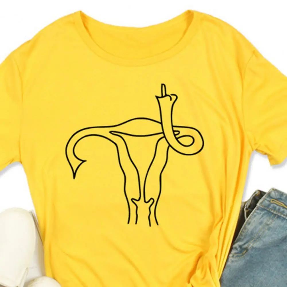 2025 Feminist Top Women T-shirt O-neck Short Sleeve Loose Funny T-shirt Uterus Middle Finger Pattern Uterus T-shirt Streetwear