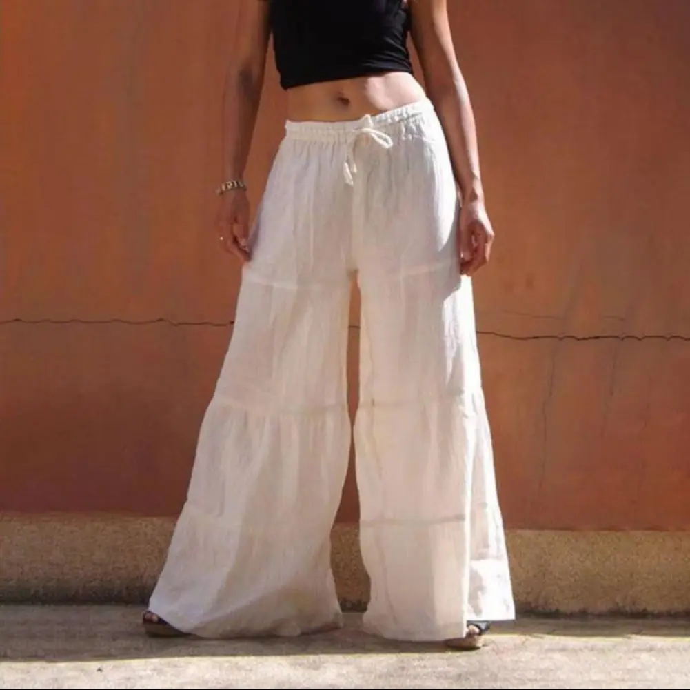 2025 Women Pants Elastic Waist Wide Leg Trousers Solid Color Lace-up Summer Elastic Flared Trousers Streetwear Baggy Pants