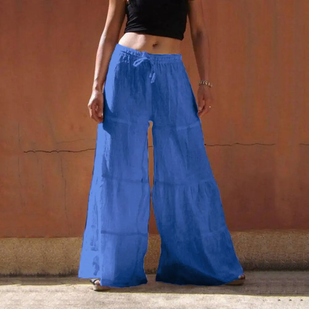 2025 Women Pants Elastic Waist Wide Leg Trousers Solid Color Lace-up Summer Elastic Flared Trousers Streetwear Baggy Pants