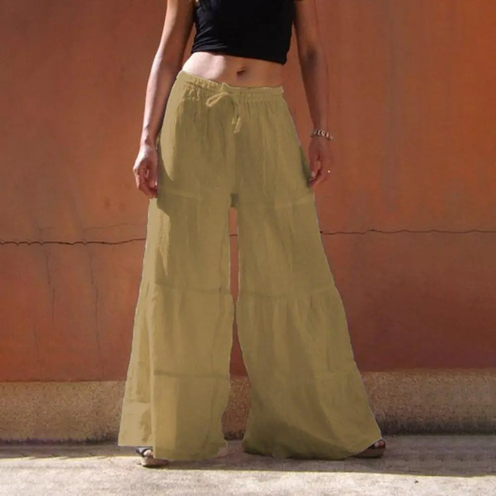 2025 Women Pants Elastic Waist Wide Leg Trousers Solid Color Lace-up Summer Elastic Flared Trousers Streetwear Baggy Pants