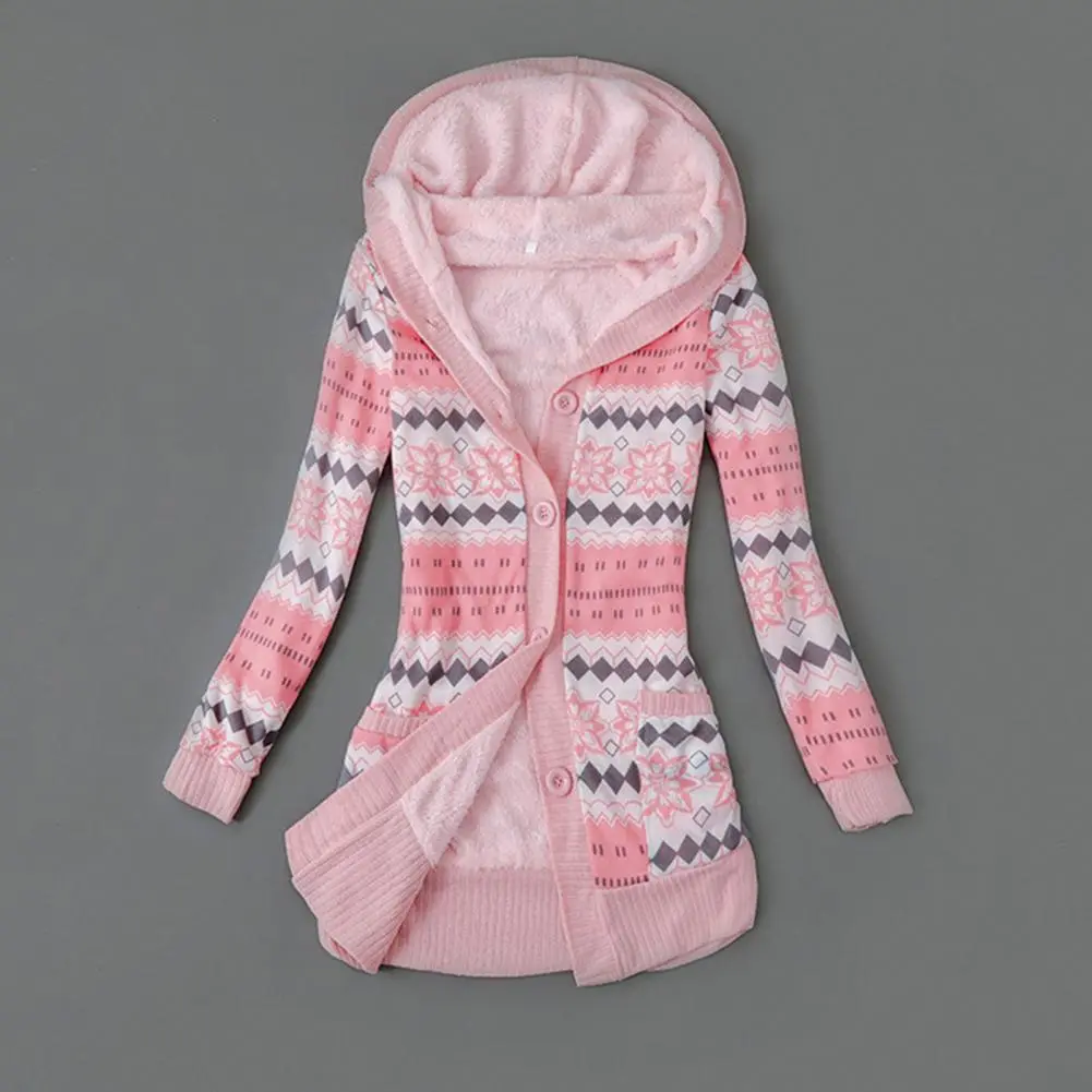 Striped Print Women Sweater Coat Retro Sweater Hoodie Autumn Winter Buttons Hooded Plush Lining Sweater Cardigan Outerwear